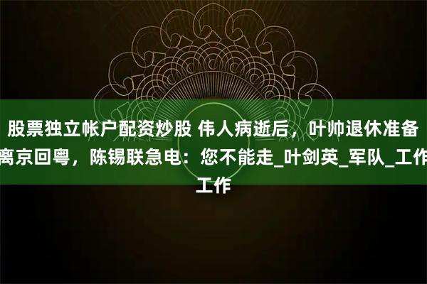 股票独立帐户配资炒股 伟人病逝后，叶帅退休准备离京回粤，陈锡联急电：您不能走_叶剑英_军队_工作